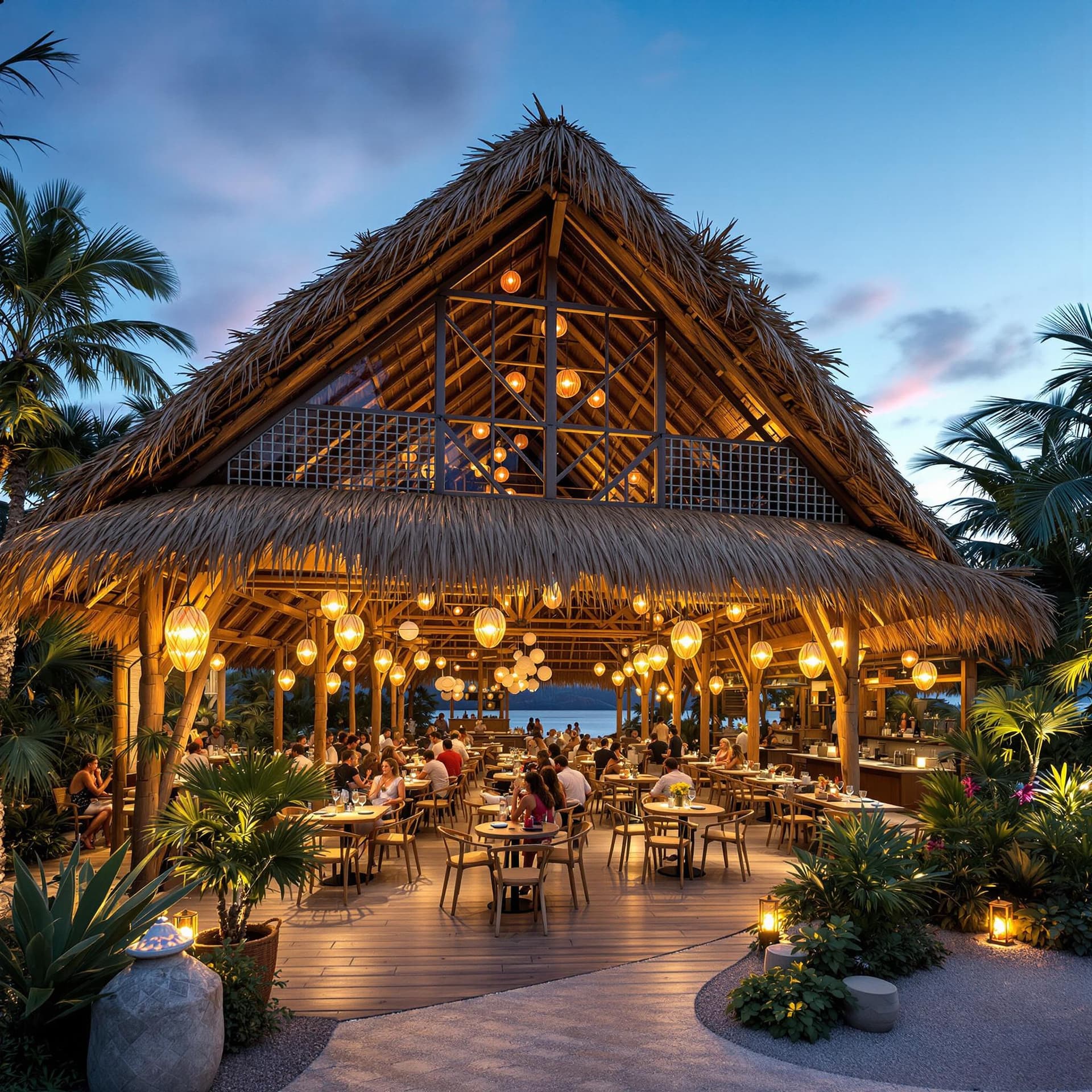 AI generated: Restaurante de comida de mar construido completamente en guadua, estilo tropical y rústico, ubicado ...