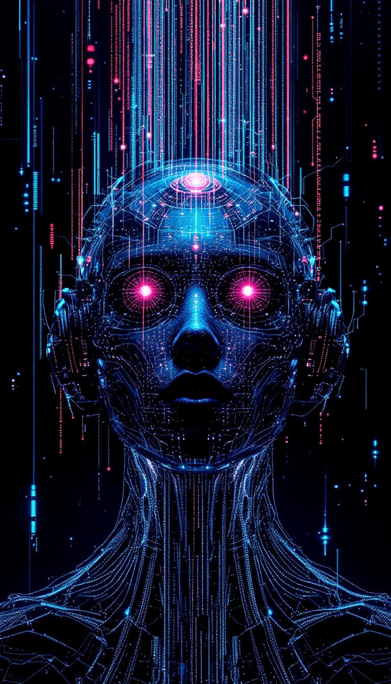 AI generated: Portrait of a futuristic cyberpunk AI construct, centered, manifesting in a holographic form, in a v...