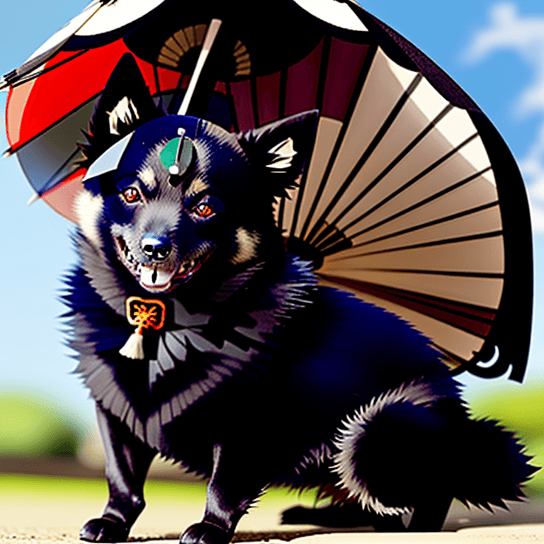 AI generated: samurai schipperke with a parasol.