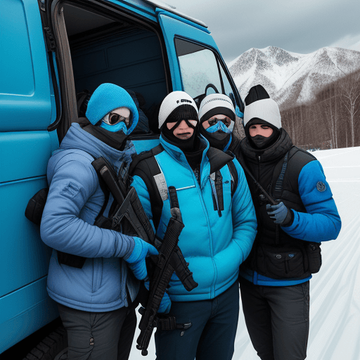 AI generated: close shot up photo of a group of men with white ski mask and blue jacket with gun and tatical gear ...