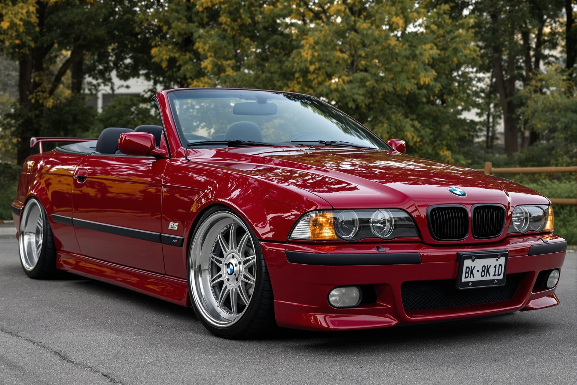 AI generated: dark red bmw e39 5-series convertible with bbs rs wheels, cinematic, hyper realism, high detail, 8k