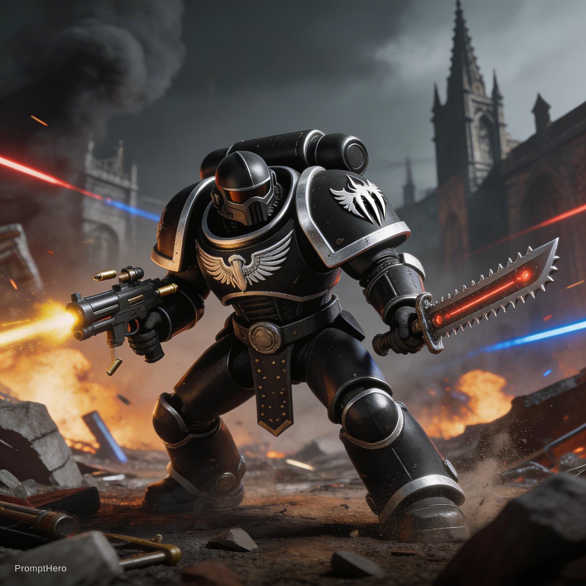 AI generated: iron talons space marine from Warhammer 40k in the middle of a battle