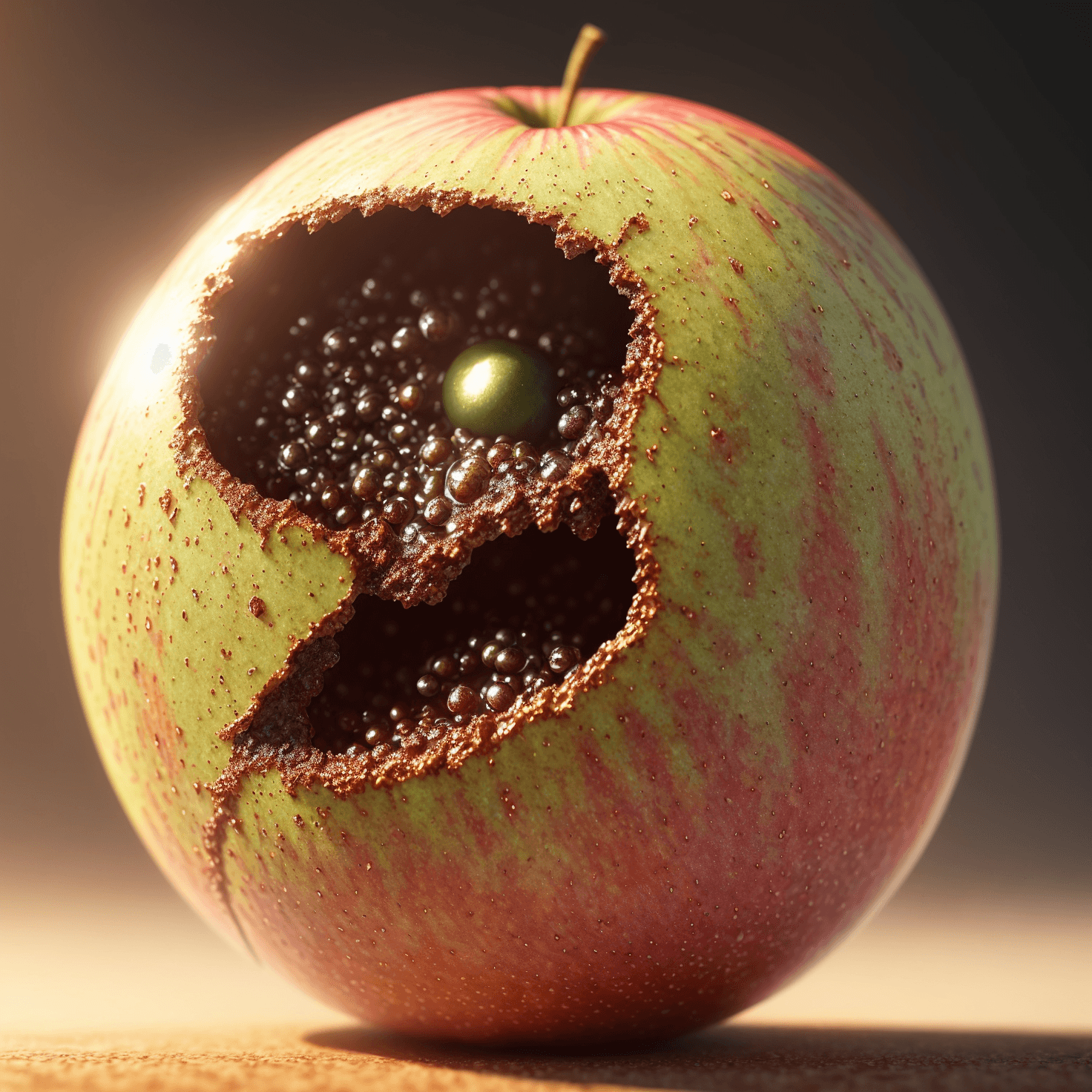 AI generated: Photo of a ultra realistic apple, dramatic light, sunlight, cinematic lighting, battered, low angle,...