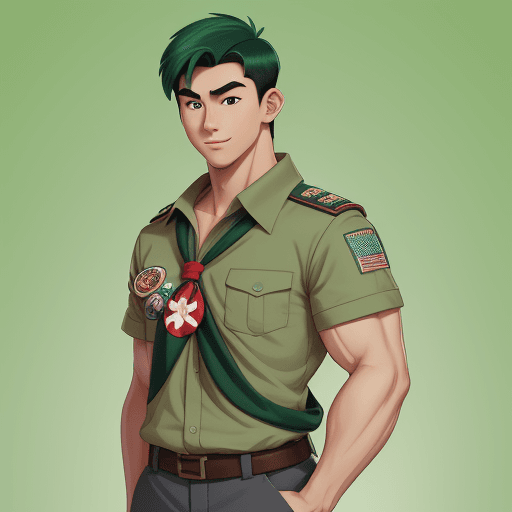 AI generated: a young boy scout, muscular, handsome, japanese, without hat, disney, cartoony style, green gradient...