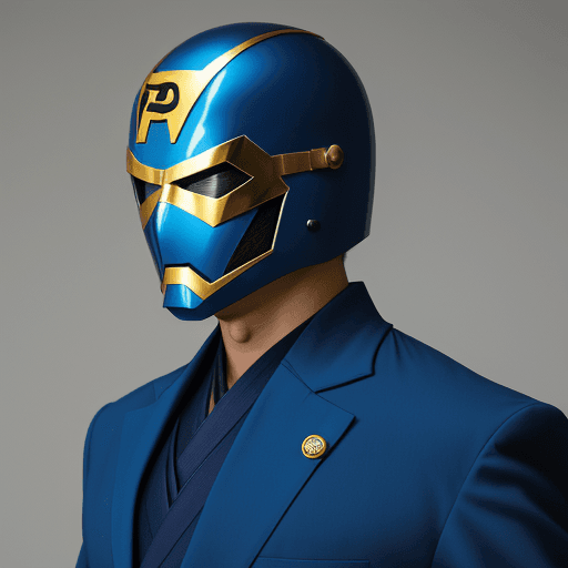 AI generated: Photo of a superhero in a blue suit reminiscent of 70s Japanese shows. Their helmet features an opaq...