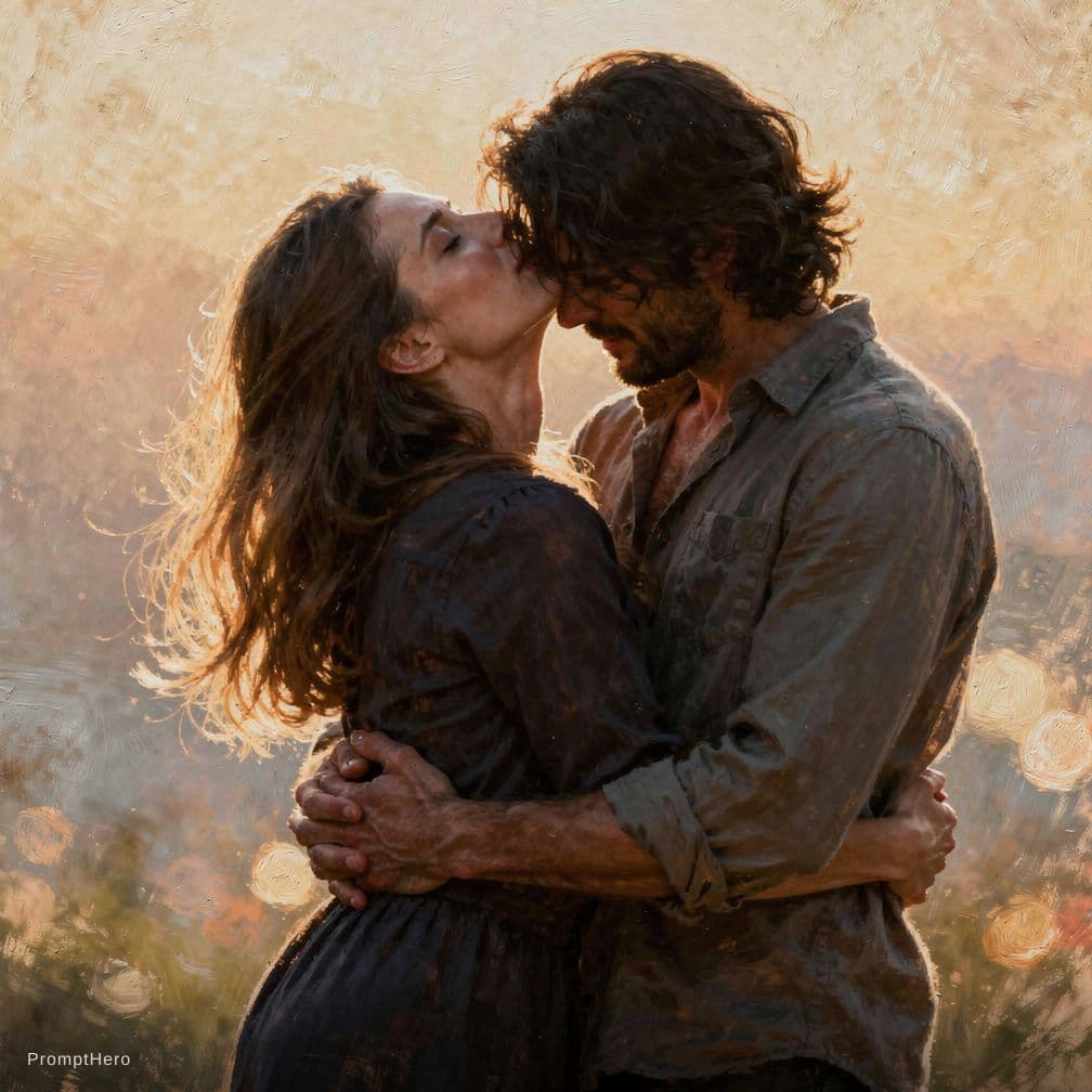 AI generated: Two figures, intertwined in a moment of profound emotional release, bathed in a soft, golden light. ...