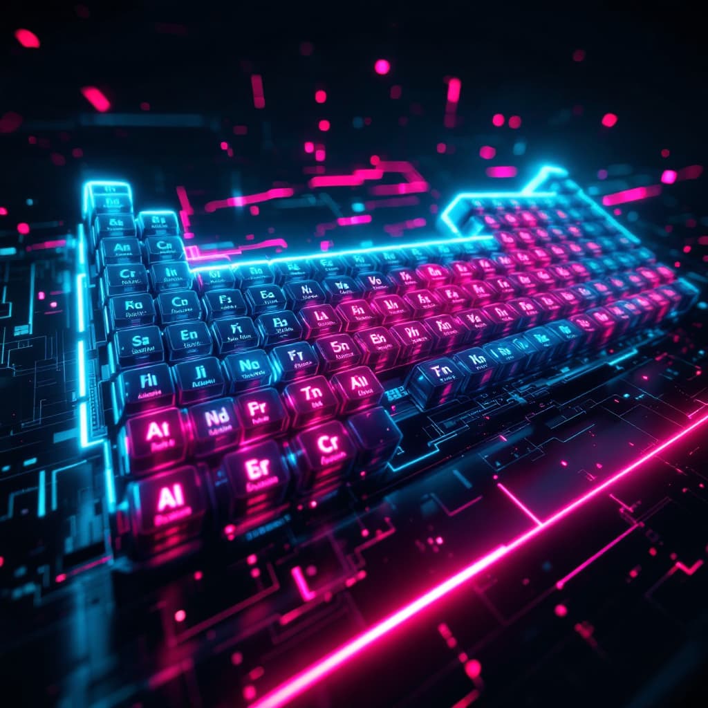 AI generated: Extremly detailed picture of Periodic table of elements with all sells empty, ruby cyan neon, futuri...