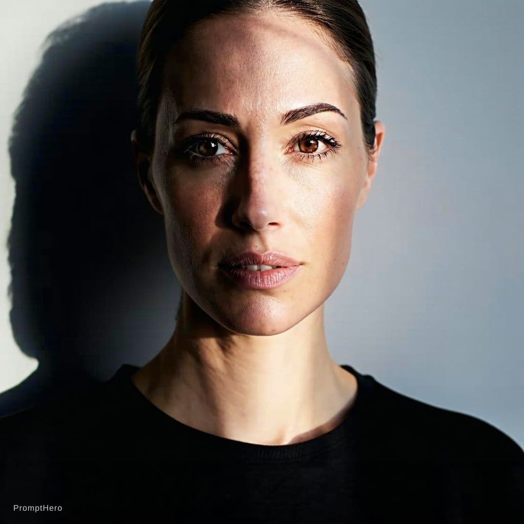 AI generated: Close-up portrait of a woman (Same face as reference image)looking directly at the camera. Her face ...