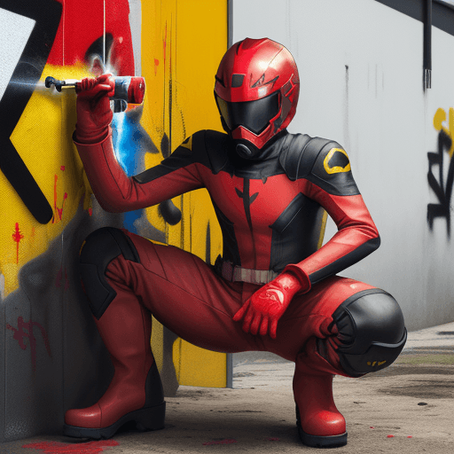 AI generated: a young, clothes: red helmet, red black hero suit, gloves yellow, boots yellow. surrounded by spray ...