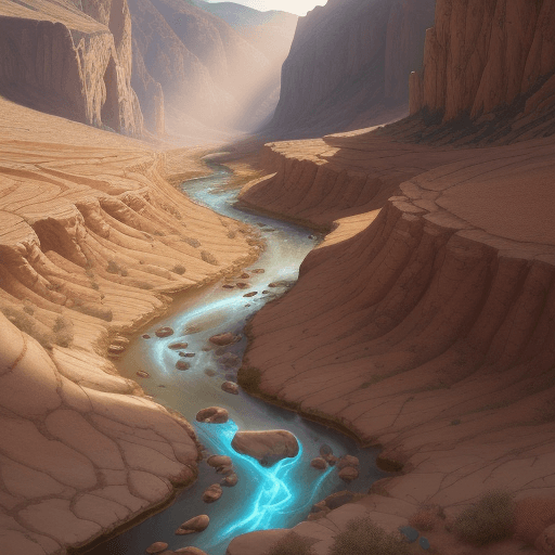 AI generated: High resolution of a dry valley, with a man dressed in rags, and glow of sun rays on his body, cozy ...