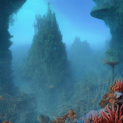AI generated: a sunken city with spires that pierce the depths.
coral structures blend seamlessly with ancient sto...