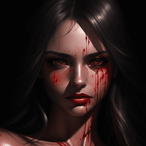 AI generated: blood drops on a woman's face, shiny eyes, elegant, lovely, dark, dramatic light, in the style of mi...