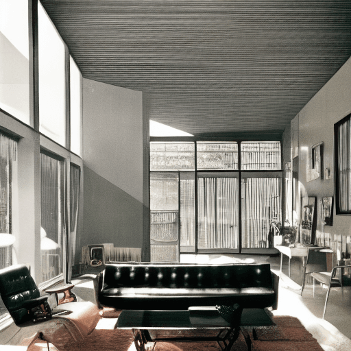 AI generated: Hyper realistic eye level exterior photo of a mid century modern heavy metal daylight, indirect ligh...