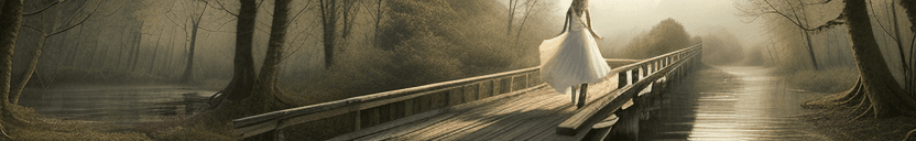 AI generated: A young girl standing on an old wooden bridge, her dress blowing in the wind, woodland background, r...