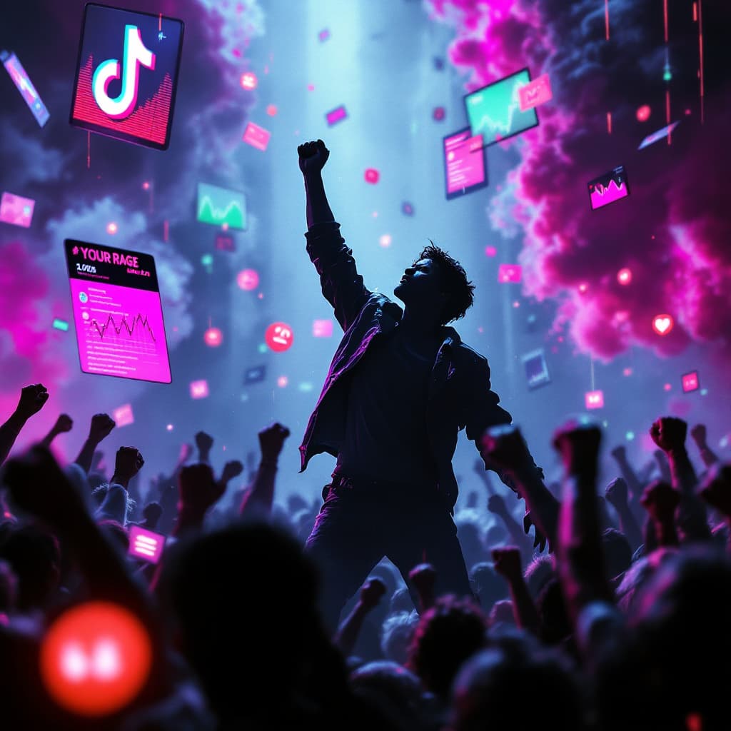AI generated: A digital void with floating glitching screens. A silhouette’s TikTok dance morphs into protestors r...