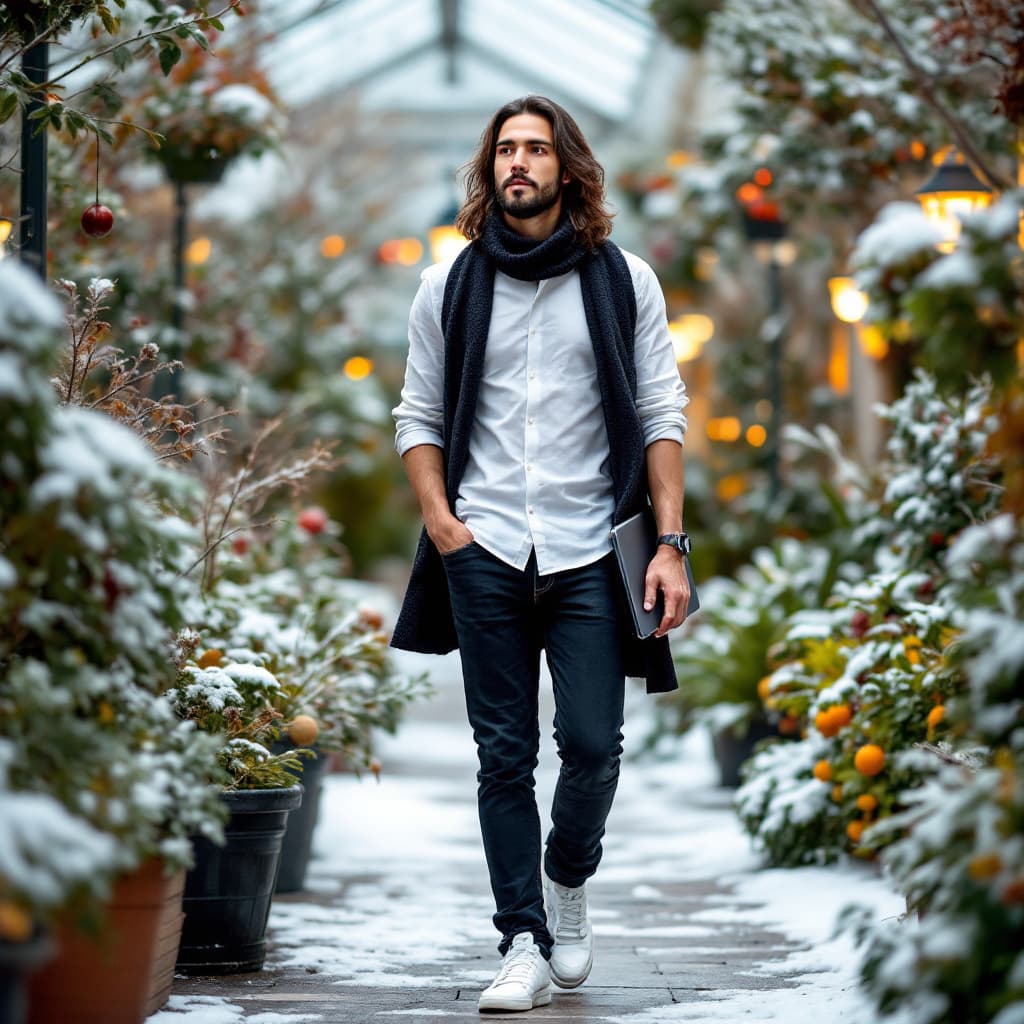 AI generated: tall slim asian man with long hair with black slim jeans, white sneakers and a white shirt with a bl...