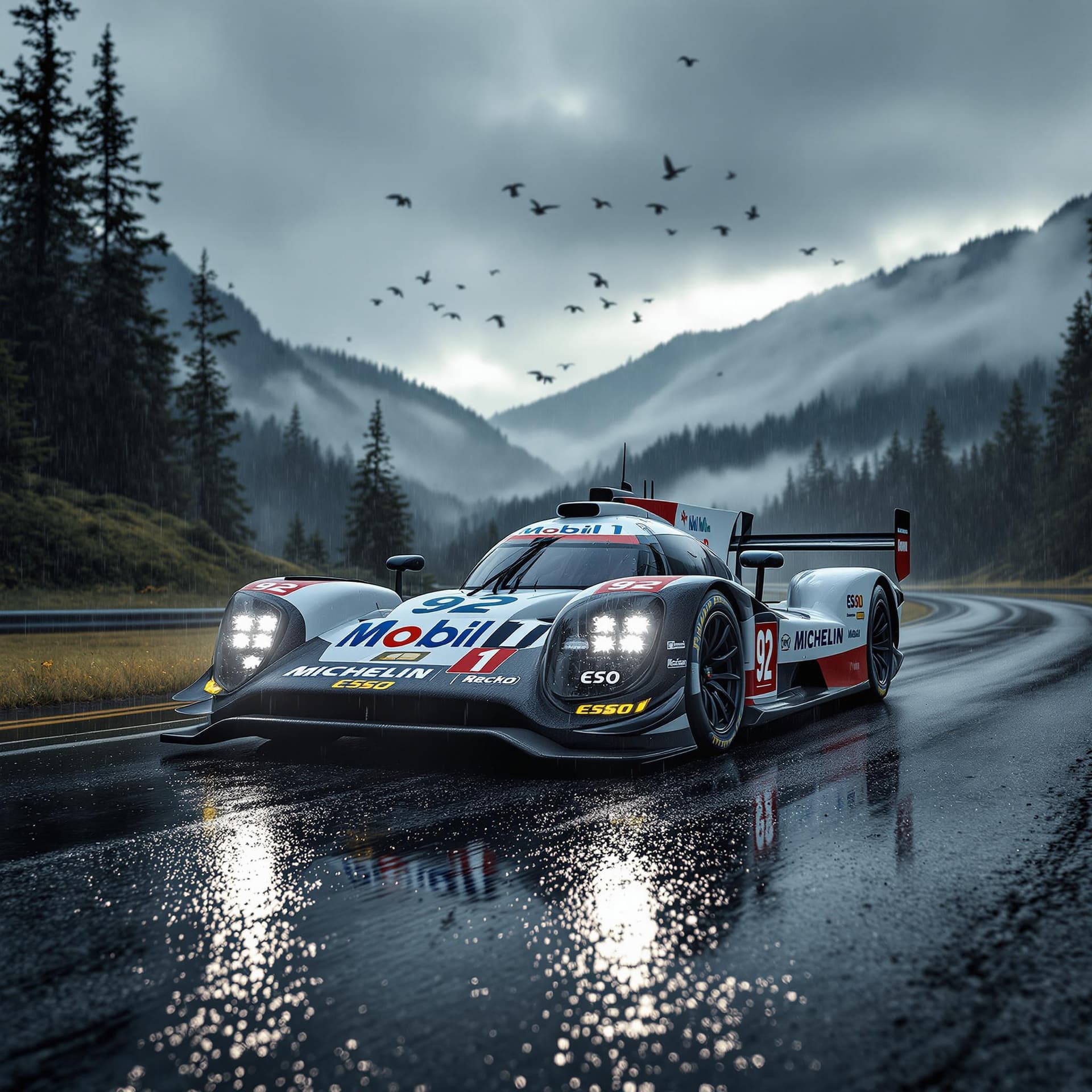 AI generated: A hyper-realistic scene of a Porsche 911 RSR race car parked on a rain-soaked asphalt road in a mist...