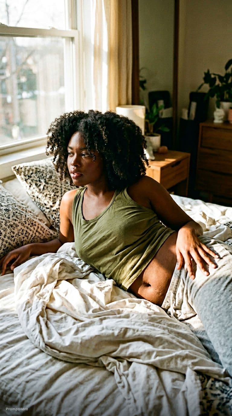 AI generated: A sunlit bedroom, golden afternoon light draping over tangled sheets. A woman with deep brown skin a...