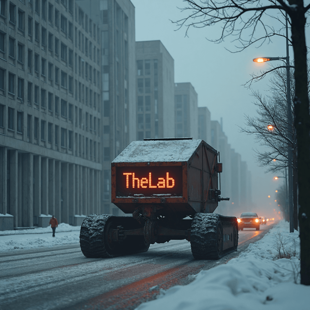 AI generated: In the bleak darkness of an early winter morning, a cold, oppressive Soviet landscape looms with tow...