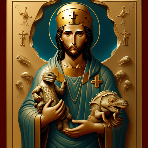 AI generated: Religious icon with dinosaur who keeps jellyfish in his hands
