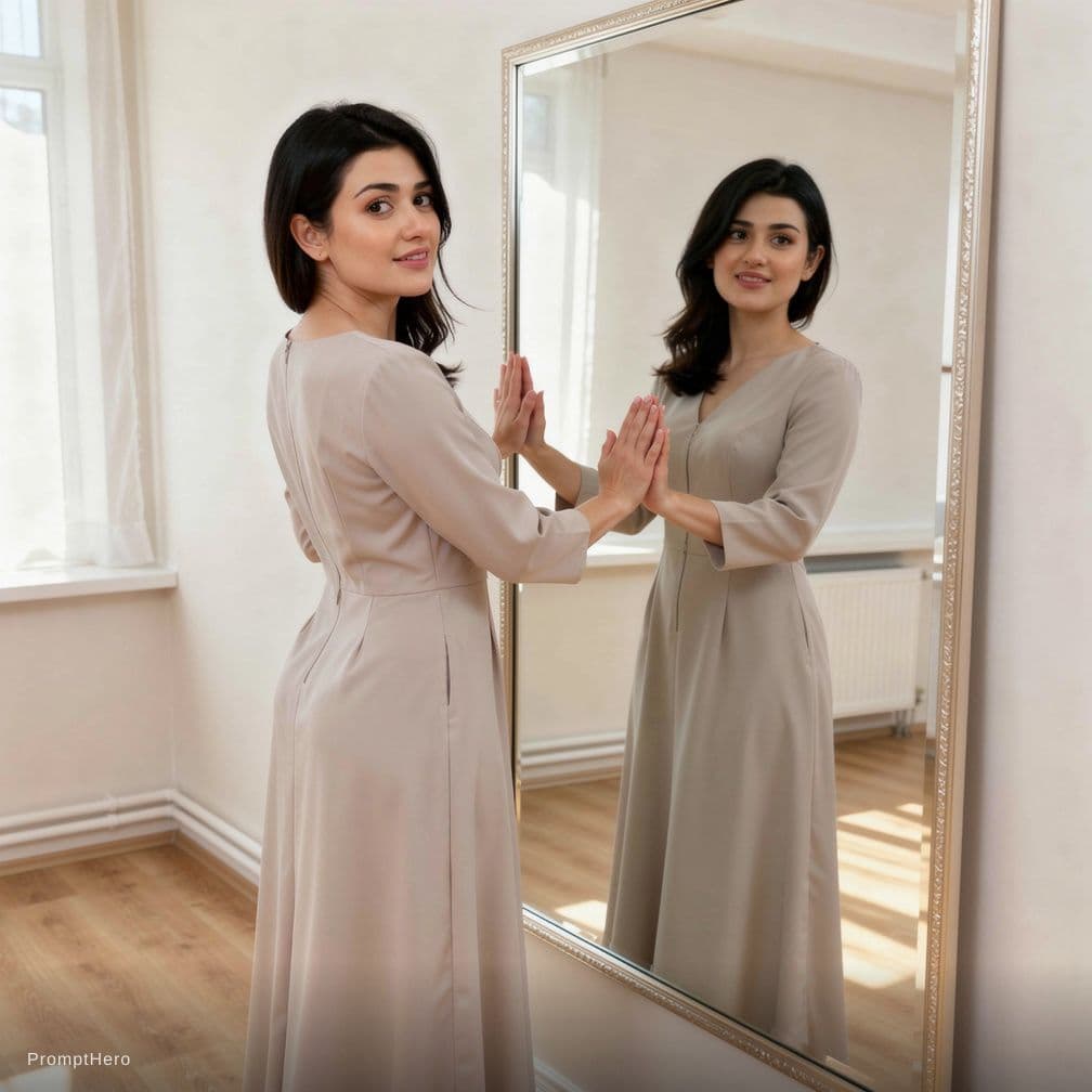 AI generated: Enchance pic full body. Clear Décolletage pic. Big Wall mirror behinde her,, standing . Hands on mir...