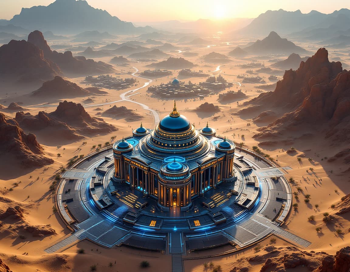 AI generated: The Central bank as seen from above : this imposing building in the center of a futuristic sci-fi ci...