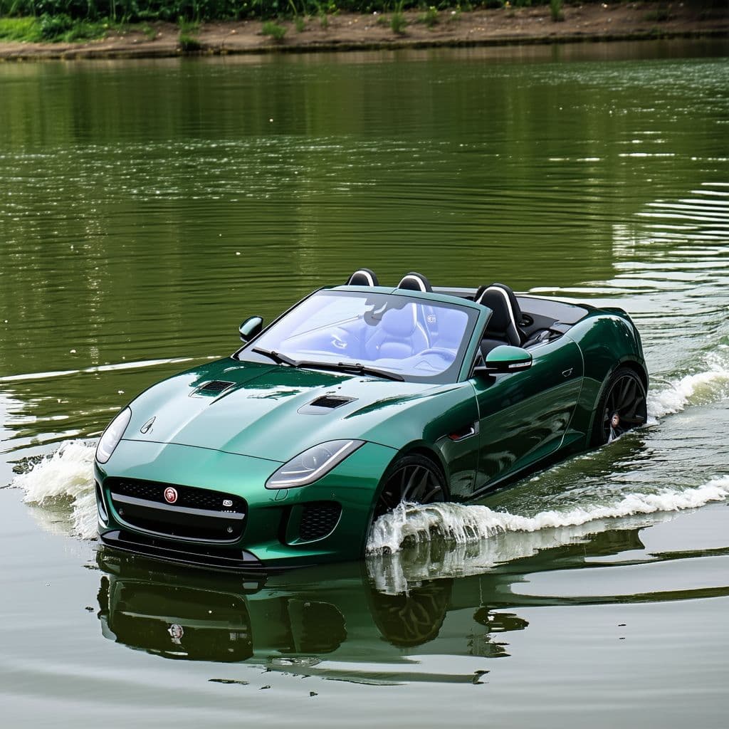 AI generated: british racing green jaguar ftype convertible car whose reflex has fallen into the water and the cam...