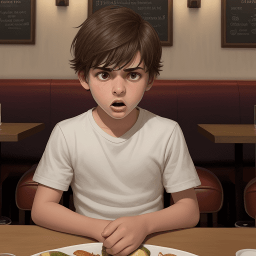 AI generated: illustration of a boy sitting in a restaurant angry because he is not allowed to play