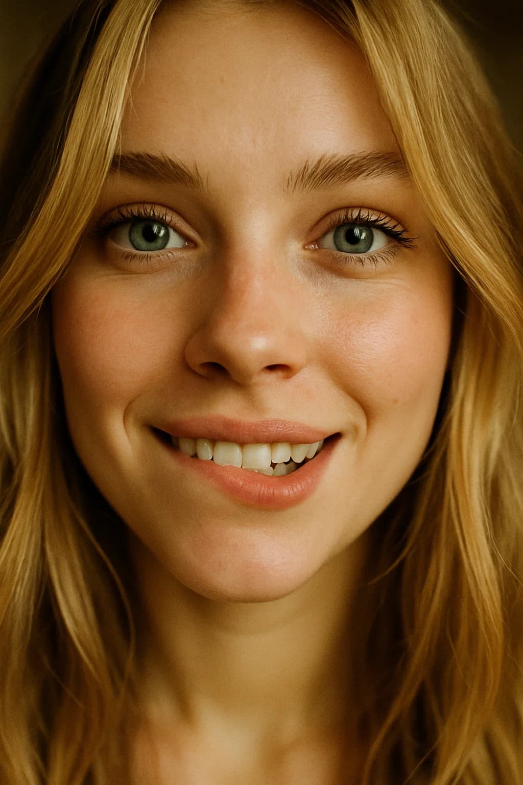 AI generated: Ultra-realistic cinematic extreme close-up portrait of a 20-year-old playful young woman with a soft...