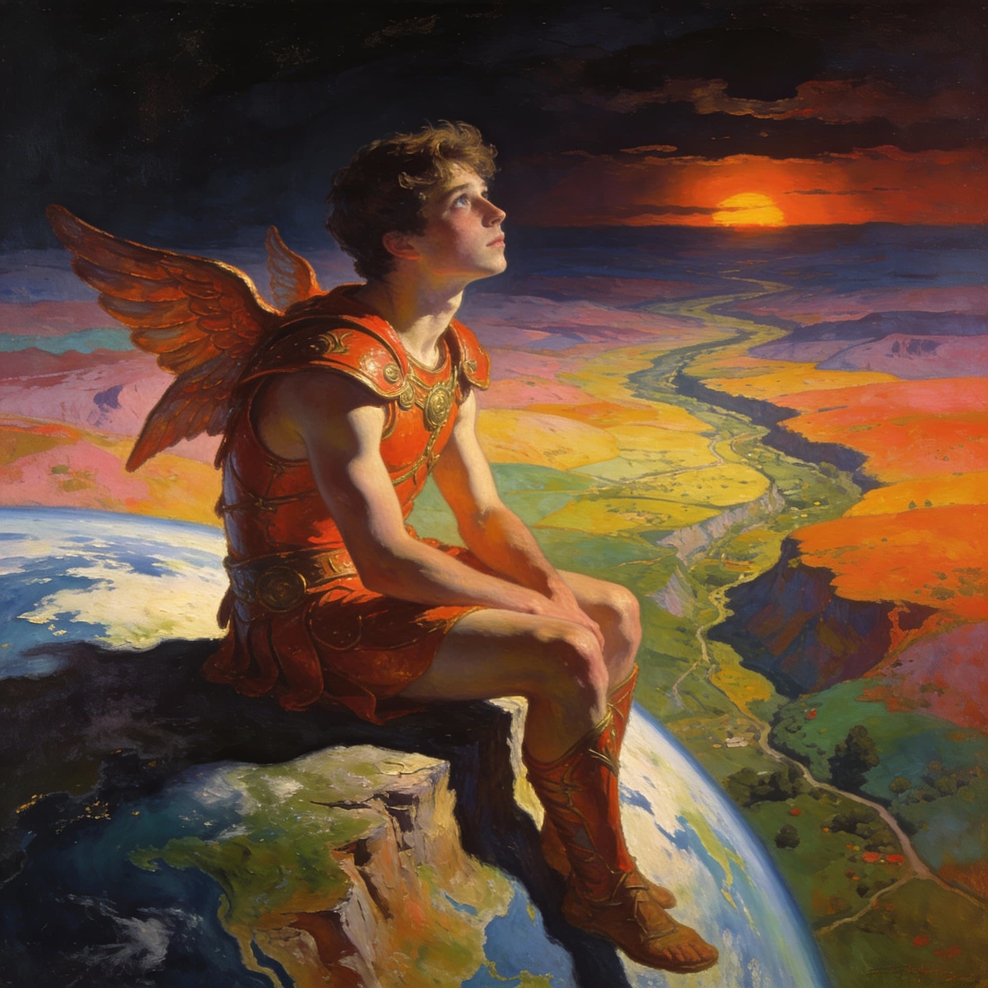 AI generated: portrait d’un jeune homme, assis sur le rebord du monde. On le sent rêveur, c'est évidemment un aven...