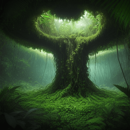 AI generated: A lush rainforest. We are able to see both above and under the surface. Underground the roots of num...