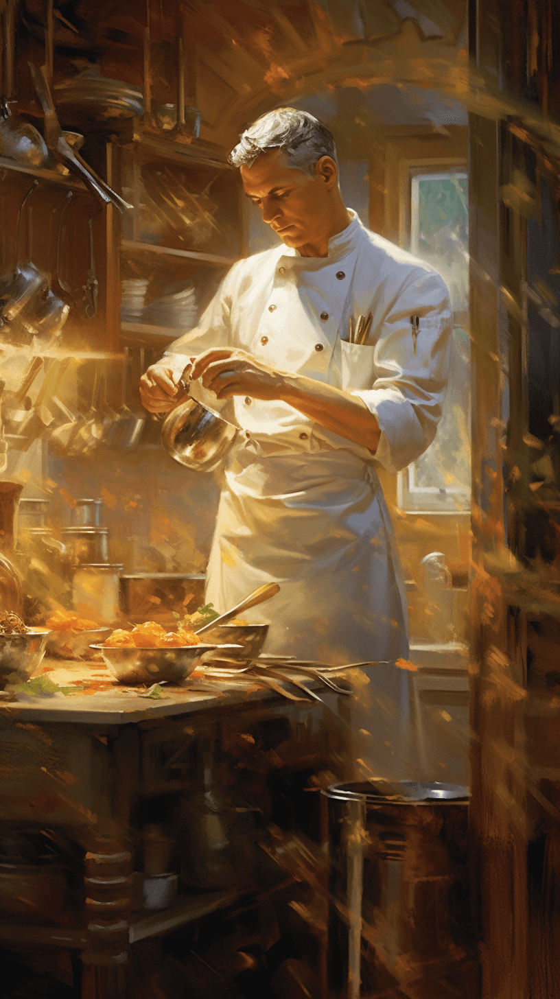 AI generated: An accomplished chef in a stark white uniform, passionately crafting culinary art in a bustling bras...