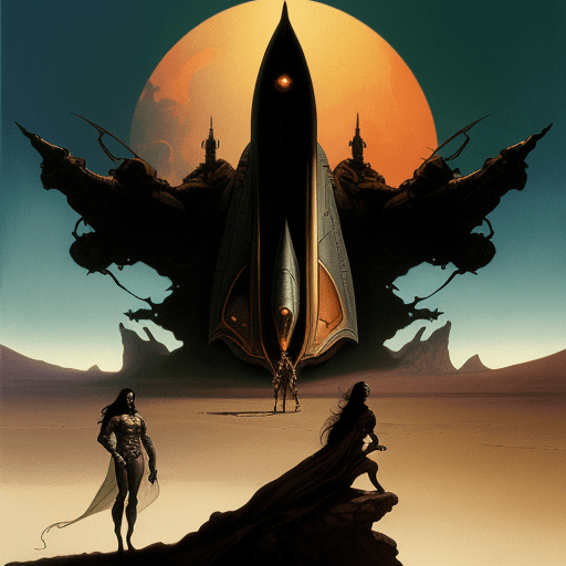 AI generated:  70s dark fantasy book illustration art in the style of Frazetta spaceship with two people standing ...
