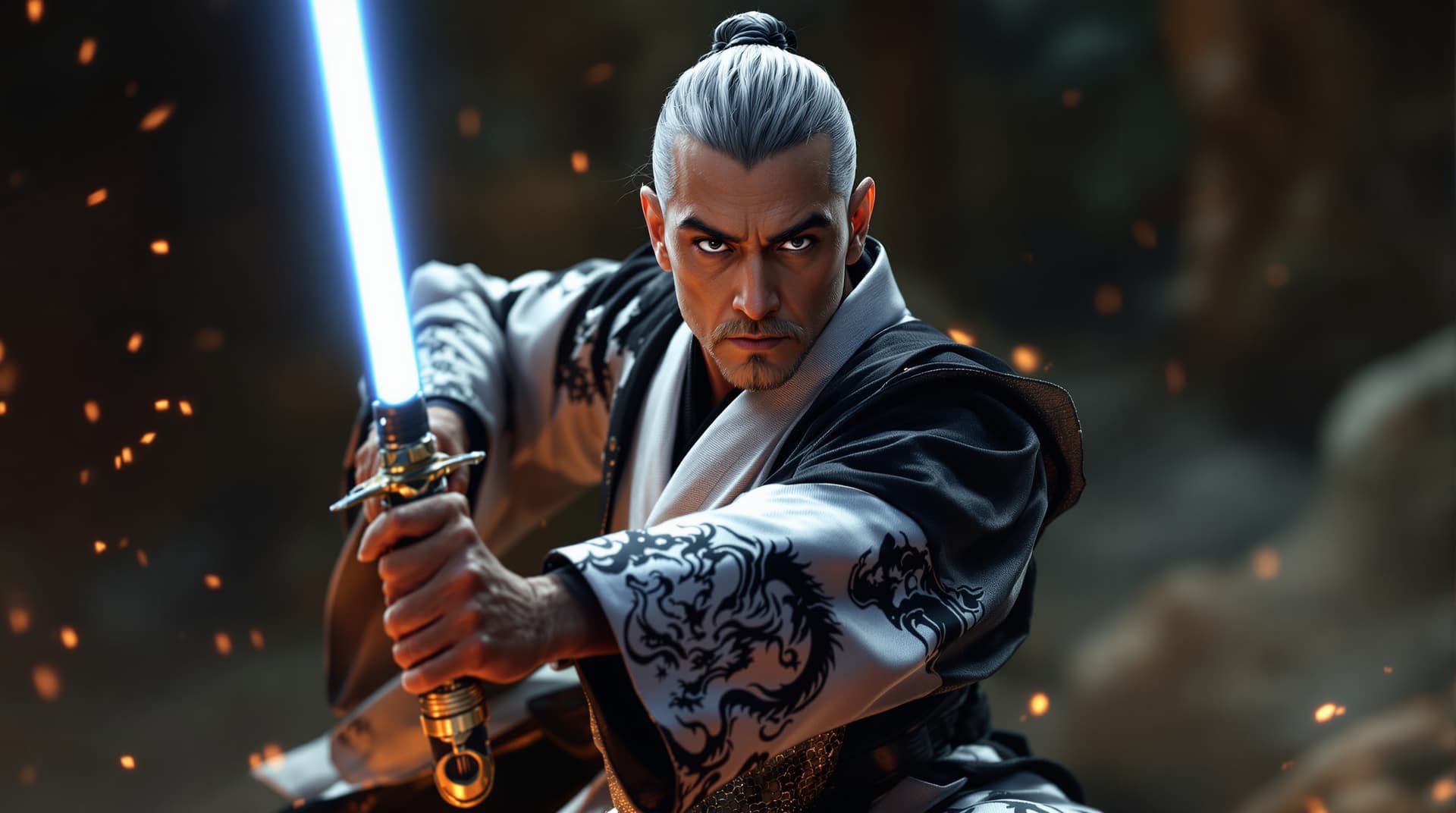 AI generated:   image is a spectacular high-resolution   Star Wars perfect cinematic portrait with a Japanese feud...