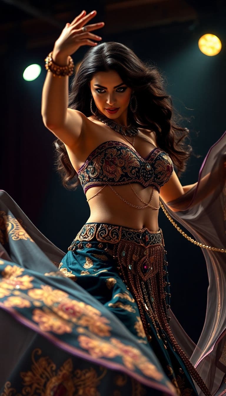 AI generated: "A mesmerizing belly dancer twirling under dramatic stage lighting, her richly embroidered costume s...