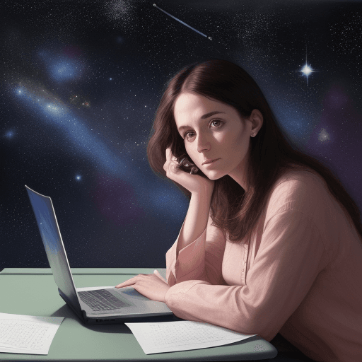 AI generated: 30 years old woman, astrologer, sitting at desk, leaning over laptop, photorealism, masterpiece, sta...