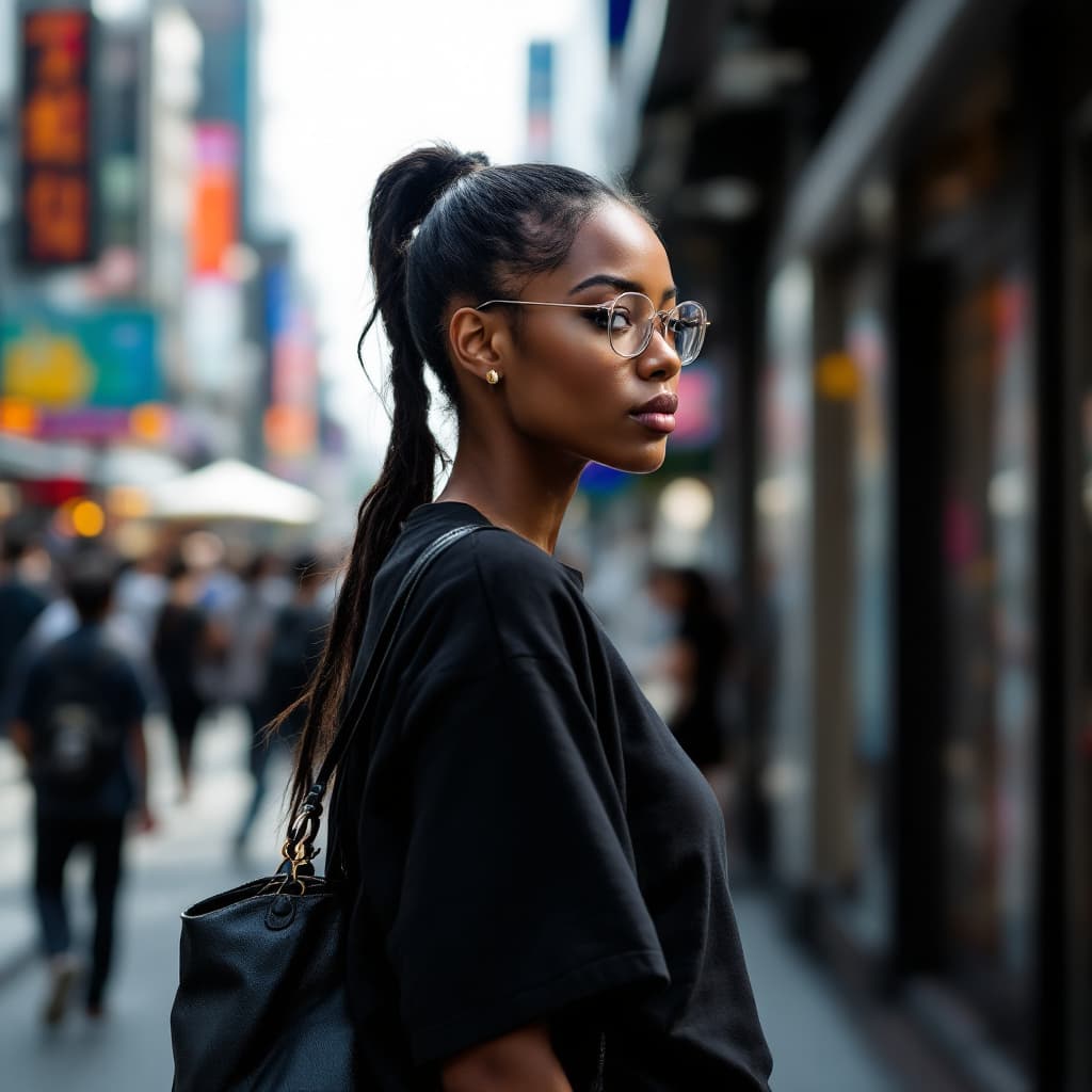 AI generated: photography, side view, upper-body, portray an innocent professional african woman model standing ag...
