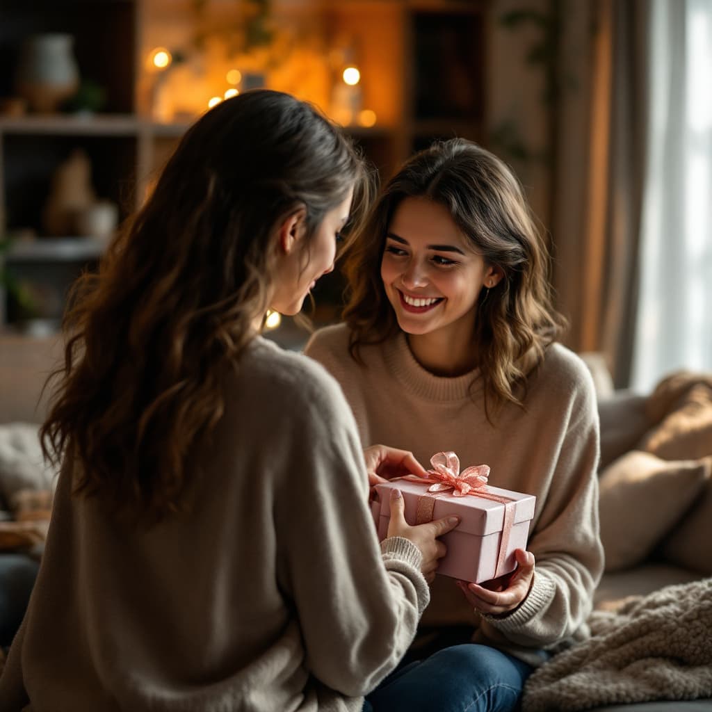 AI generated: a realistic photo of a mother and daughter. the daughter is from the back, offering her mother a gif...