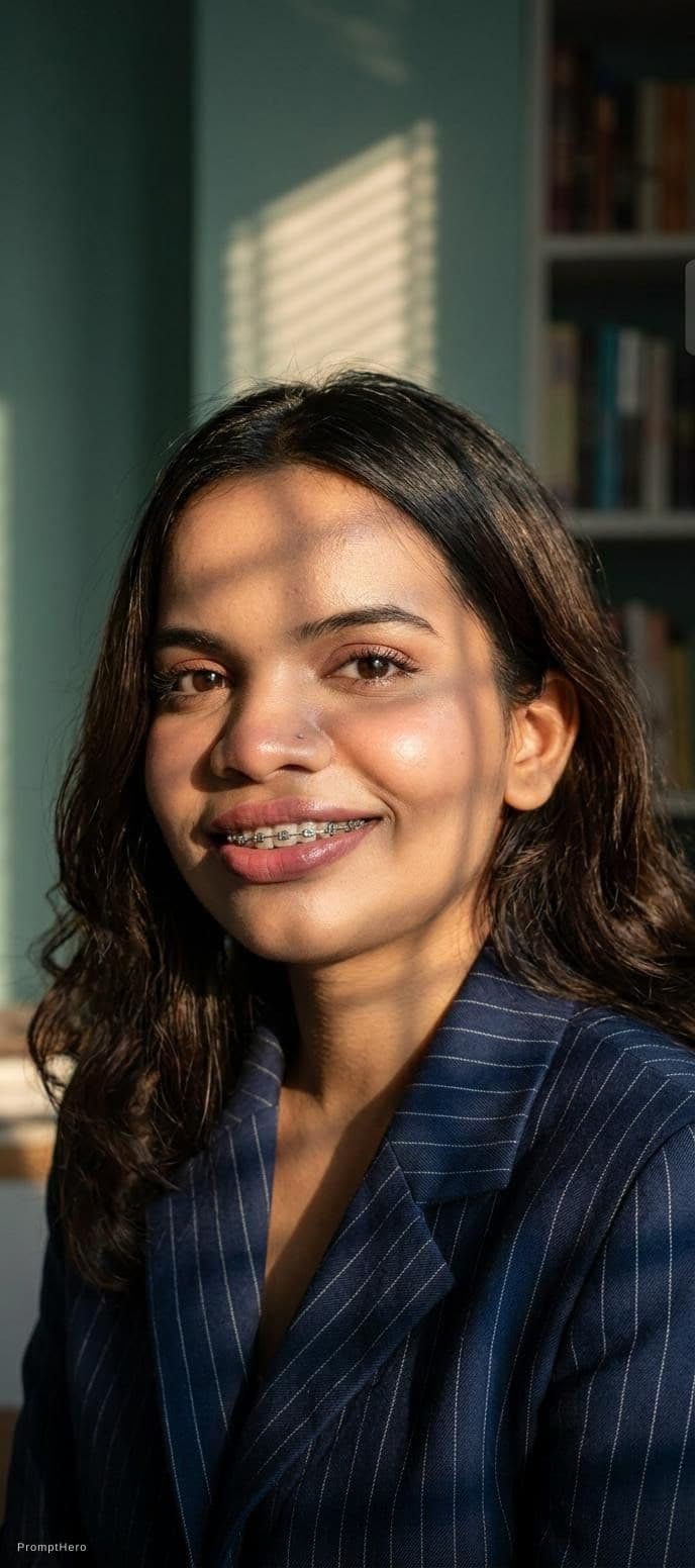 AI generated: Close-up portrait of a woman illuminated by soft, warm afternoon light streaming through window blin...