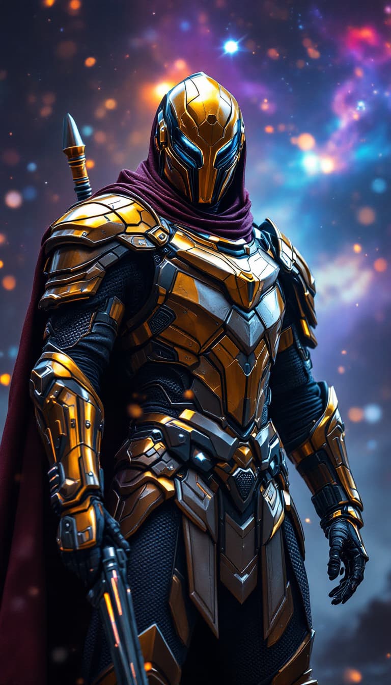 AI generated: sci-fi knight in roman power armor, gold hood and face mask, sleek and angular design, high-tech det...