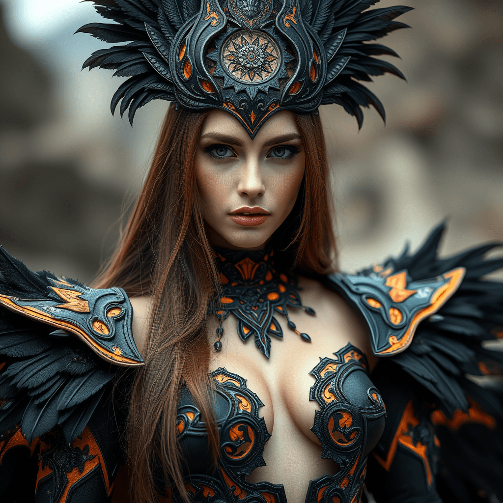 AI generated: A woman with long brown hair wearing an elaborate costume featuring intricate black and orange desig...