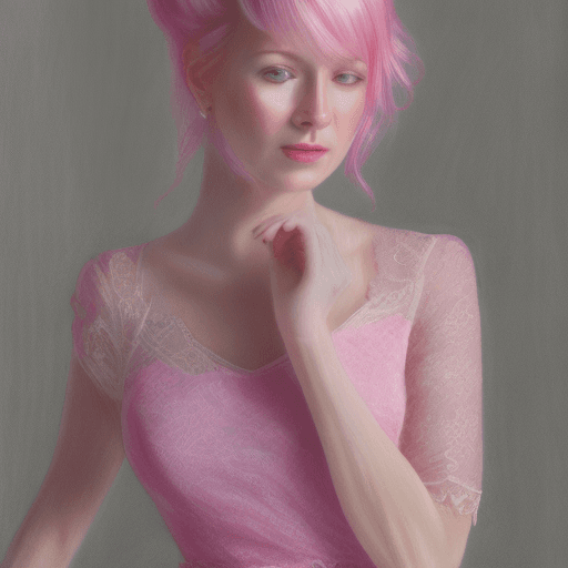 AI generated: A woman wearing pink hair in a pink lace dress, in the style of hyperrealism and photorealism, UHD i...