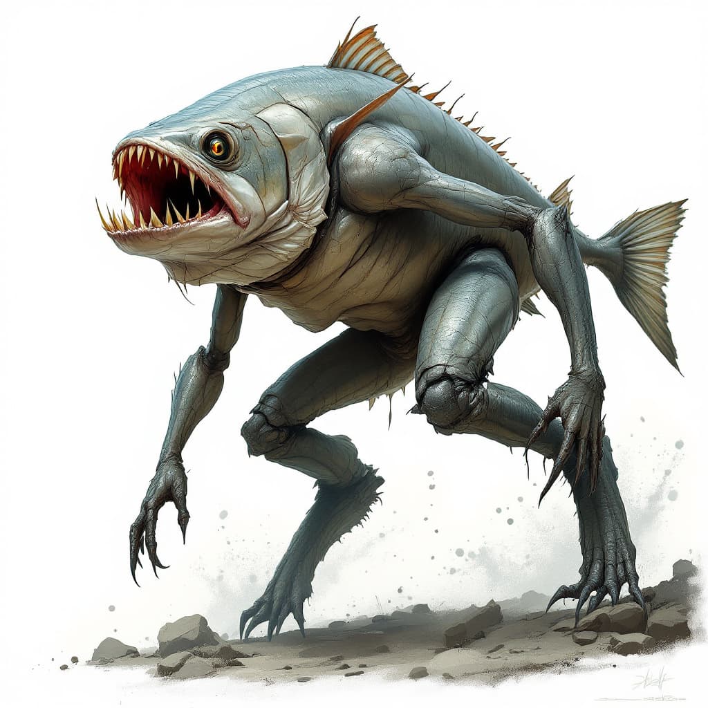 AI generated: A terrifying hybrid creature, a piranha with human legs. Its body is that of a typical piranha, with...
