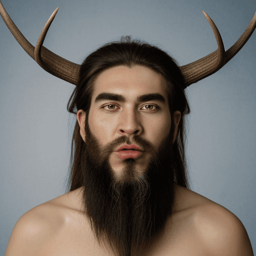 AI generated: His head is horse-like. He has a deer antler on the right, a blue goat horn on the left, one long fa...