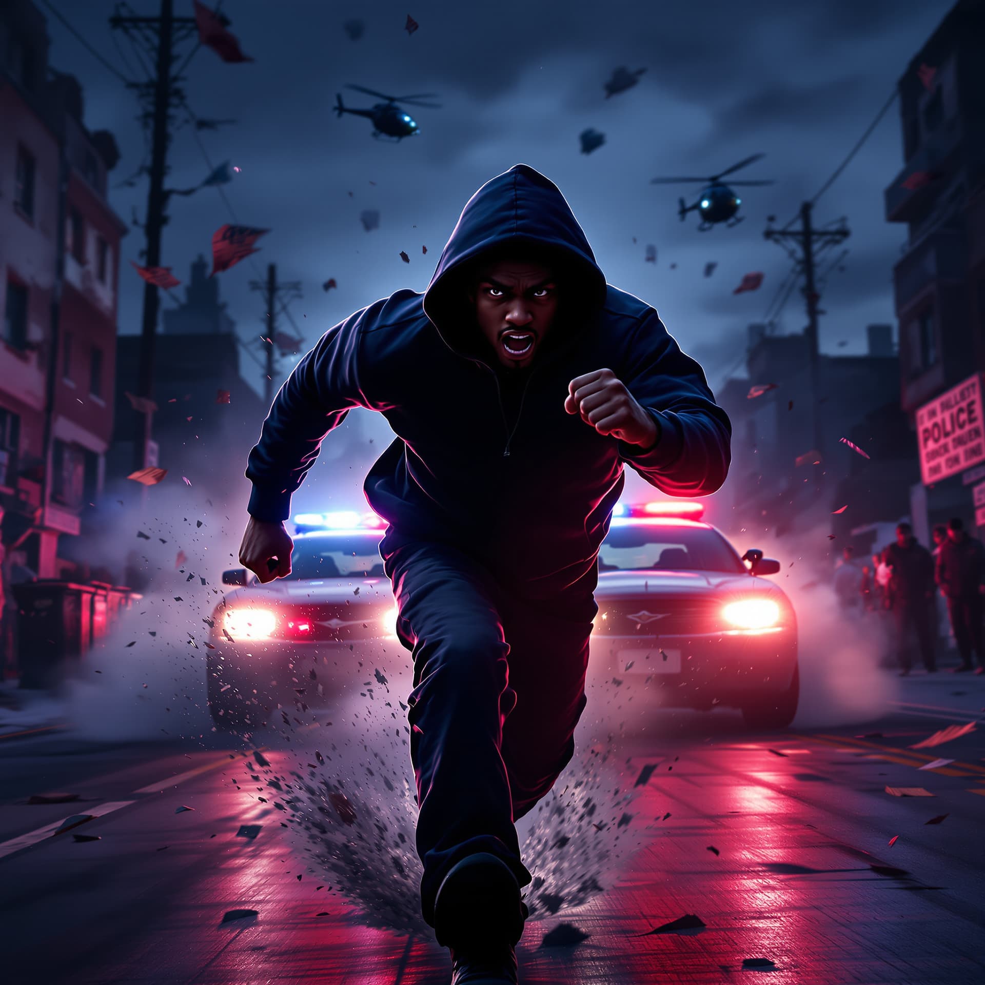 AI generated: FRONT view of a young black men in hoodie and urban wear running AT FULL SPEED and stride, one fist ...