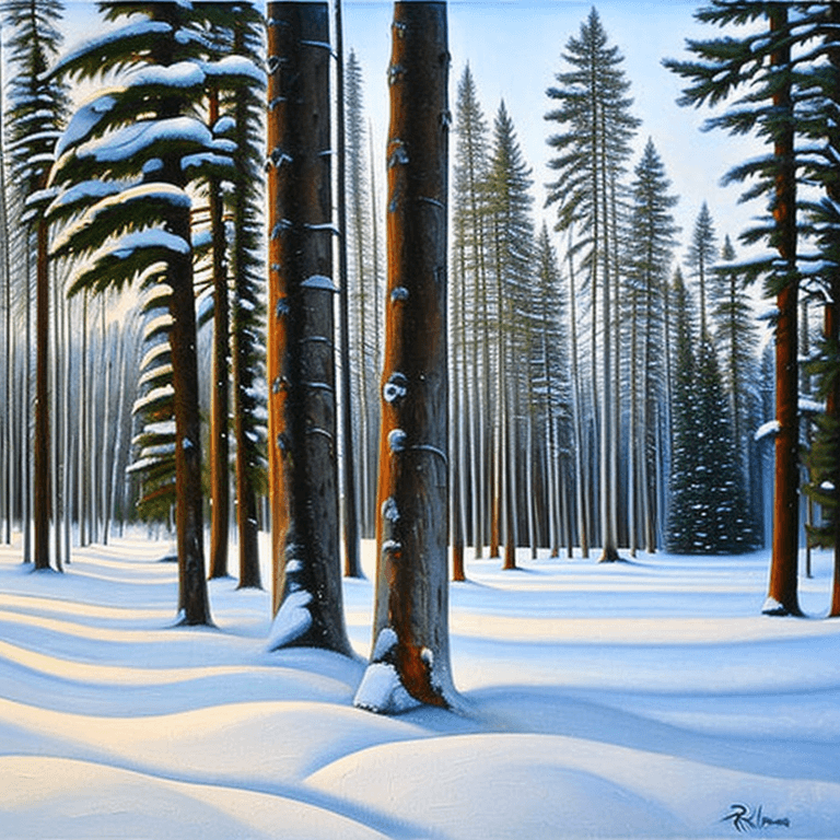 AI generated: an oil painting of some trees in the snow, shutterstock, american scene painting, spruce, pine and b...