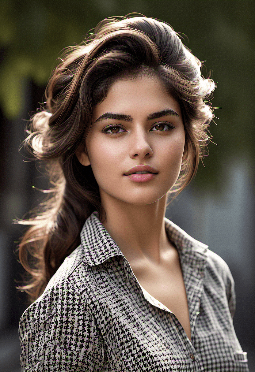 AI generated: A portrait of a young woman with voluminous, wavy hair and a serene expression. Her hair is animated...