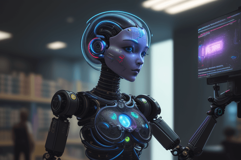 AI generated: High resolution photography, library, small agile humanoid robots, cyberpunk, bright colours,
8k, in...