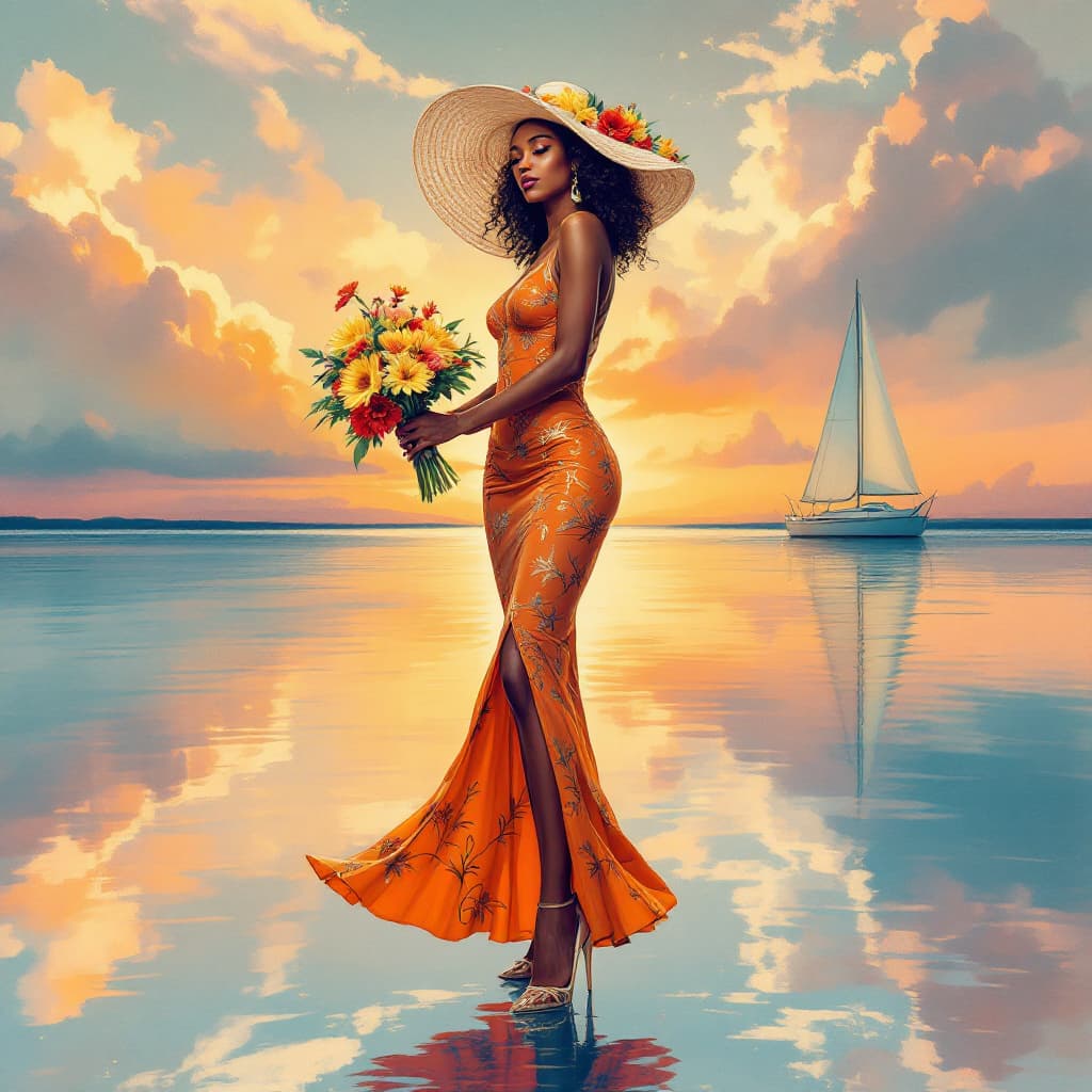 AI generated: elegant African American woman in a tight orange floral dress with gold patterns, holding a vibrant ...