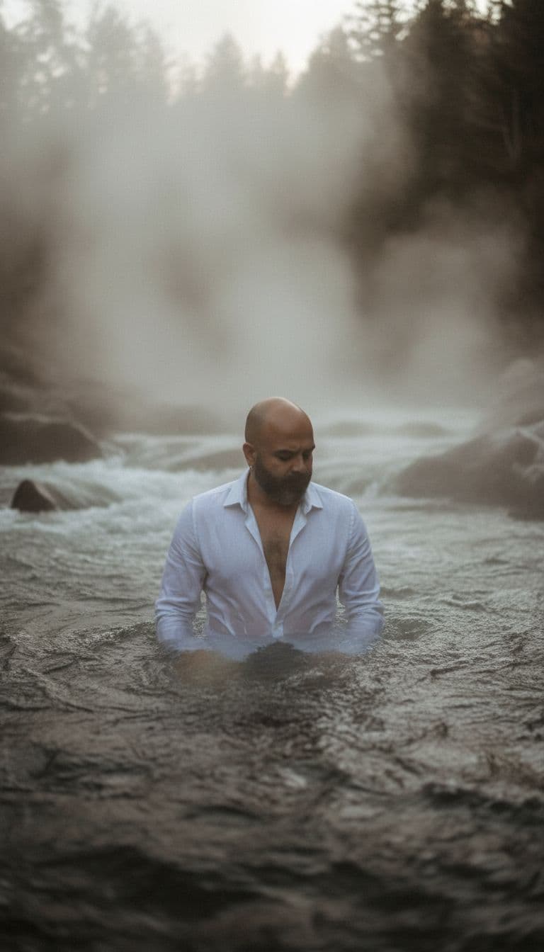 AI generated: hot spring in  a wild river flow, steam rises from the water, A handsome, stylish young man with. He...